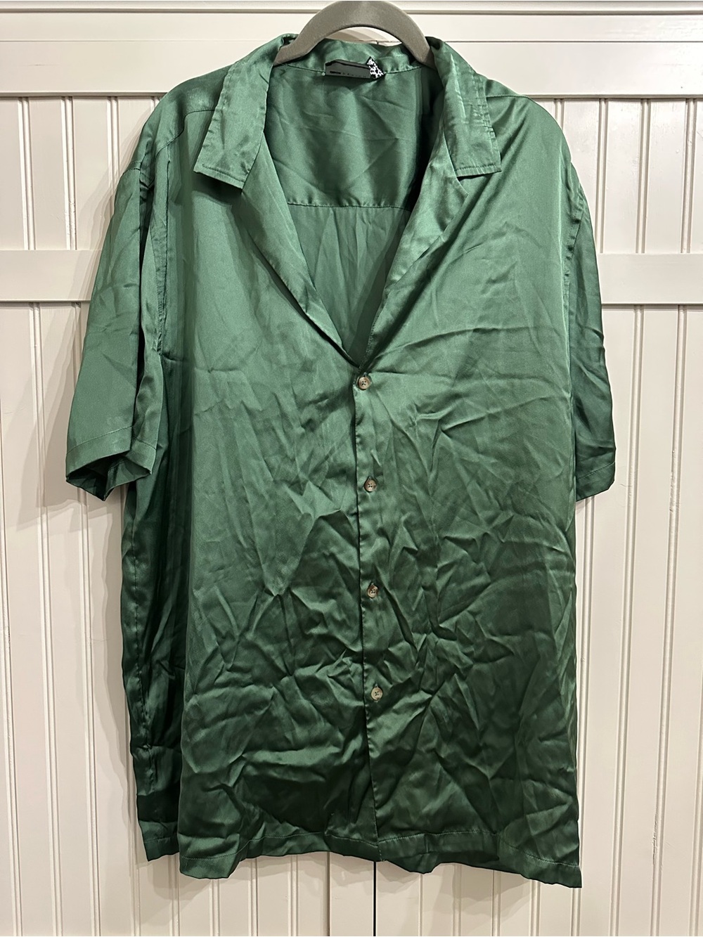 ASOS Satin Short-Sleeve Button-Up Shirt in Deep Green 2XL
